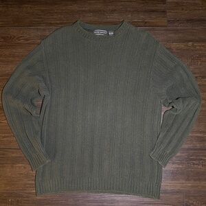 David Taylor Vintage Mens L Green Crewneck Cotton Knit Sweater Ribbed Pullover